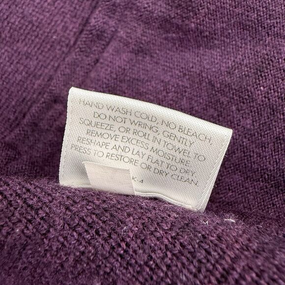 Eileen Fisher Cardigan Medium Purple Merino Wool Open Front Leather Trim Pockets - Picture 10 of 14